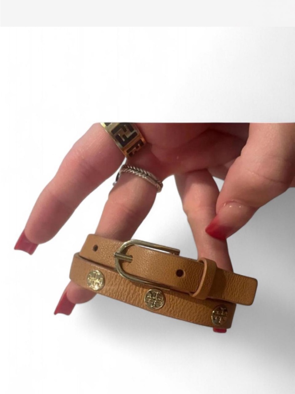 Tory Burch Tan Double-Wrap Leather Bracelet with Gold Logo Discs - Picture 2 of 2
